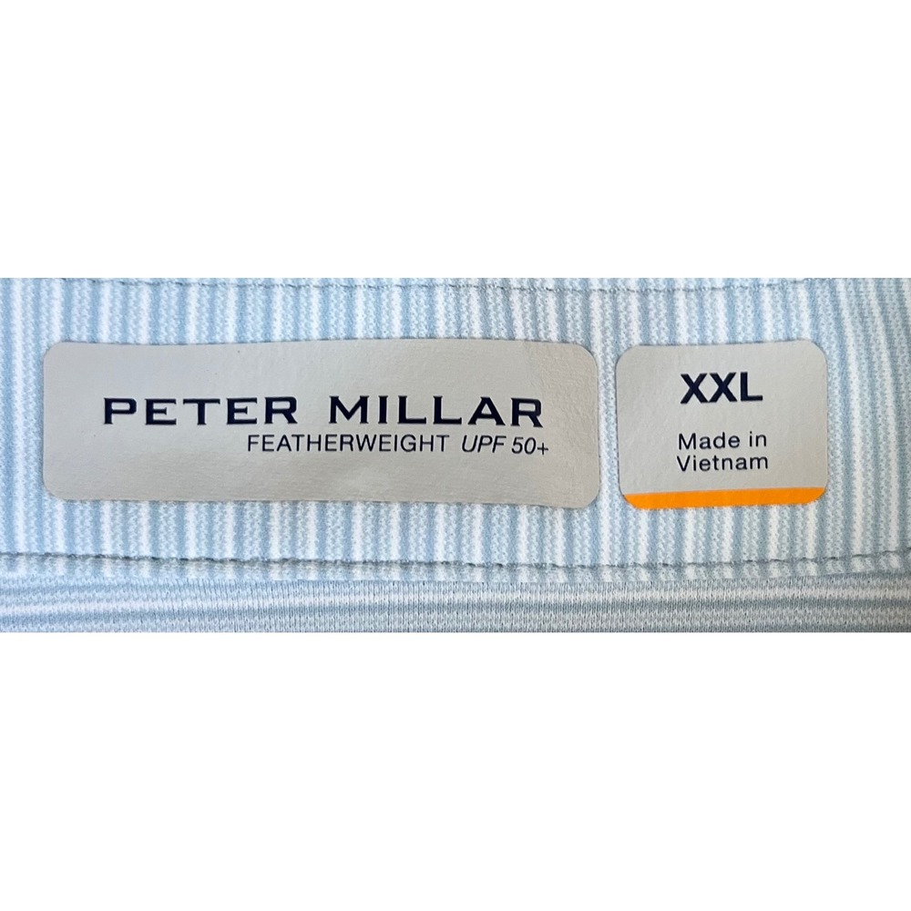 Peter Millar Featherweight UPF 50 Polo Mens XXL Blue White Stripe Tractor Logo - Picture 2 of 7